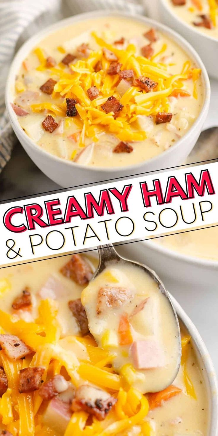 creamy ham and potato soup in two bowls