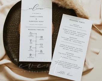 the wedding program was placed on top of a black plate with a fur stoler