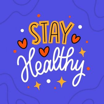 the words stay healthy written in white on a purple background with hearts and stars around it