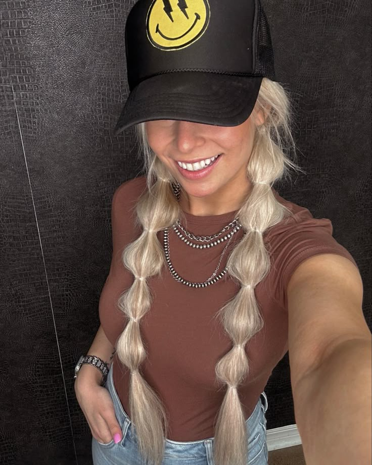 Hardhat Hair Styles, Cute Visor Hairstyles For Work, Hay Hair Styles, Hair Styles With Trucker Hat, Hairstyles In Hats, River Hairstyles With Hat, Fishing Hairstyles With Hat, Baseball Game Hairstyles With Hat, Hairstyles With Trucker Hat