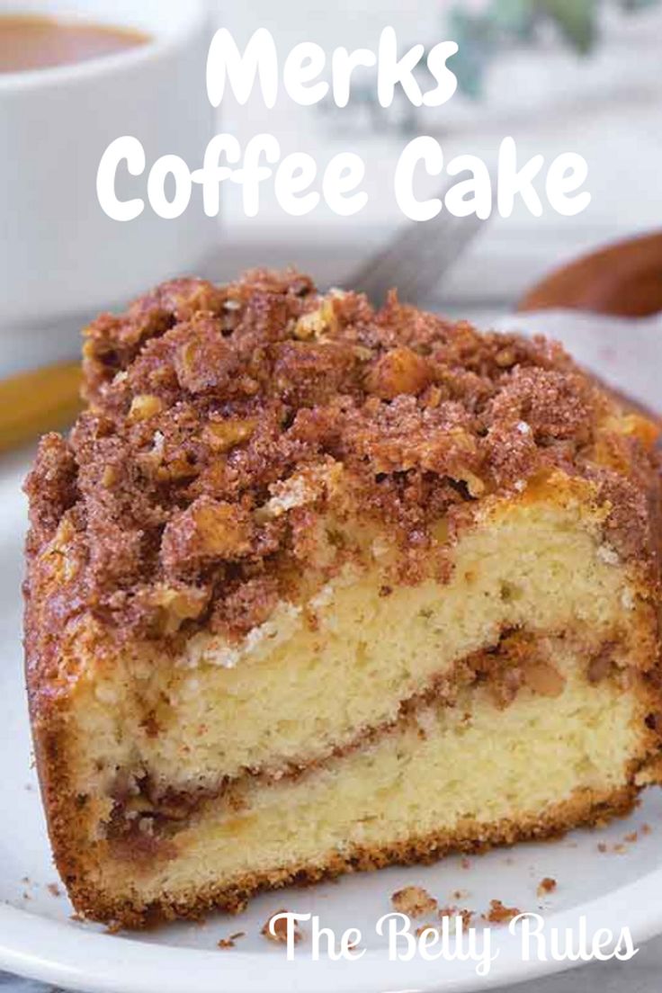 a piece of coffee cake on a white plate with the words merks coffee cake