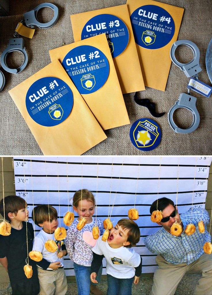 some kids are playing with donuts in front of police handcuffs