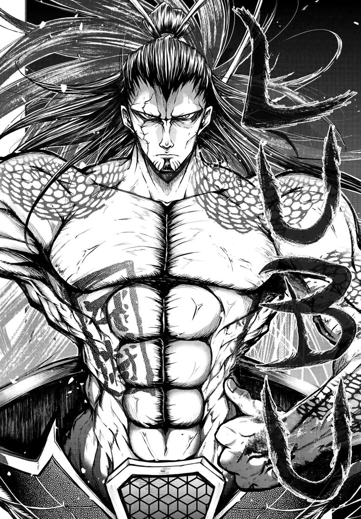 an anime character with long hair and horns on his chest, standing in front of a black