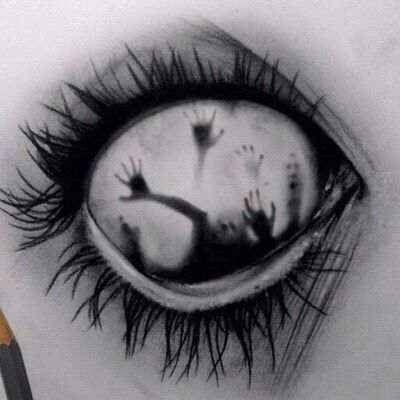 a pencil drawing of someone's eye with their hand on it