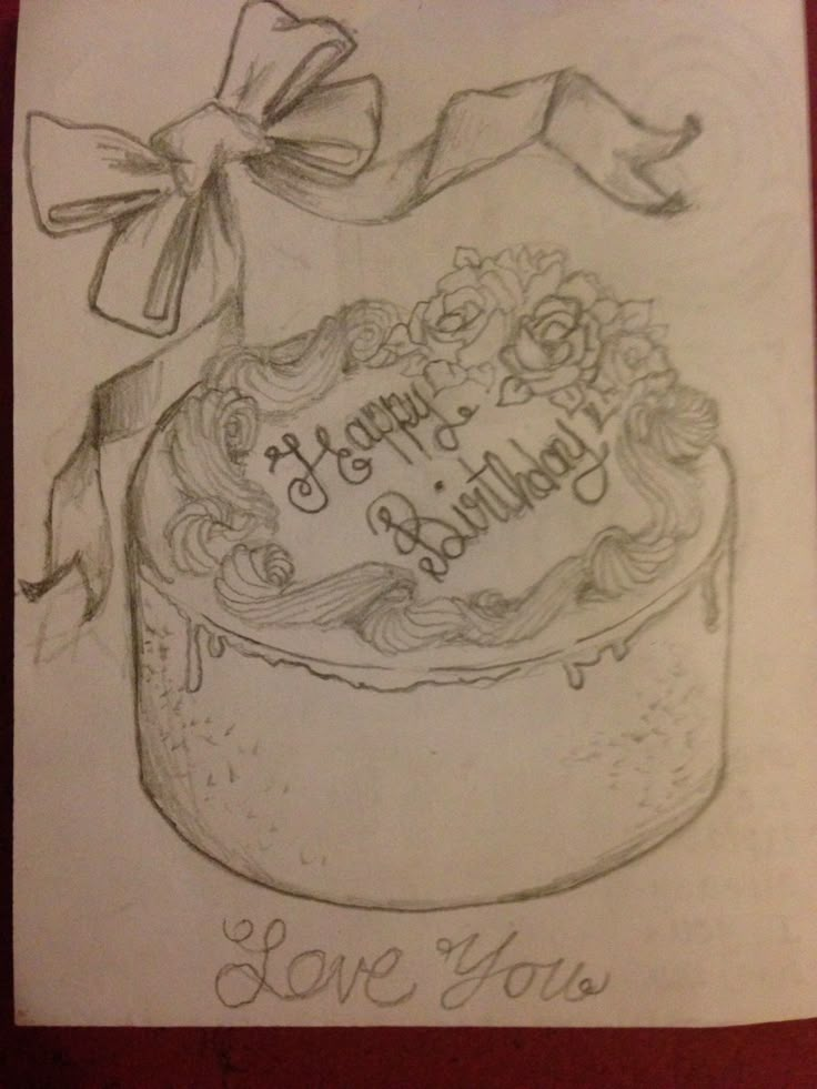 a drawing of a birthday cake with the words happy birthday written on it and a bow