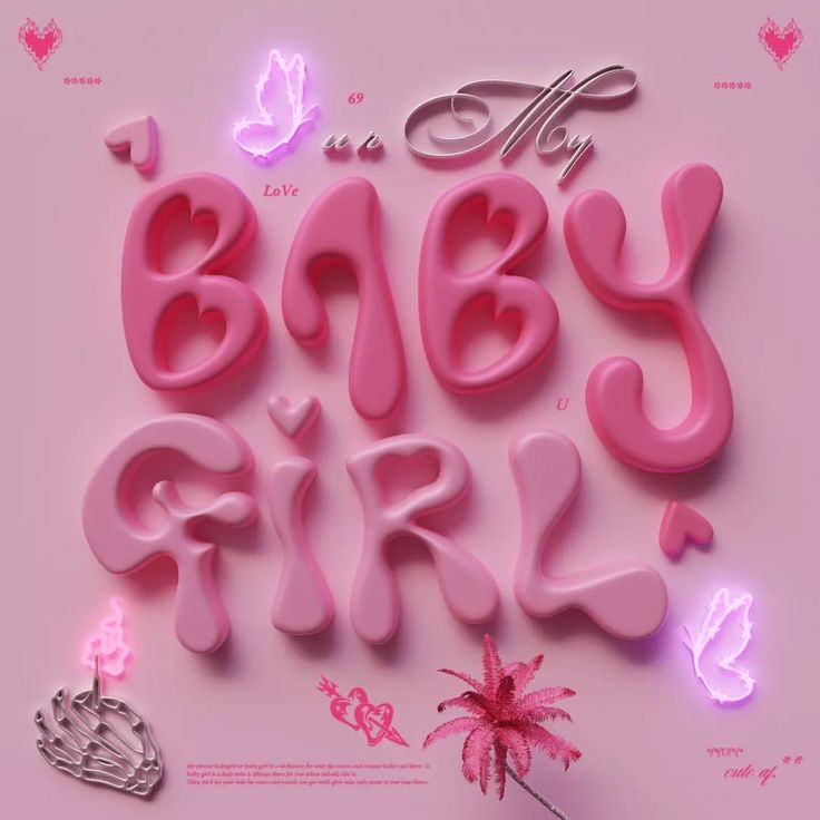 the word baby girl is made up of pink letters and hearts on a light pink background