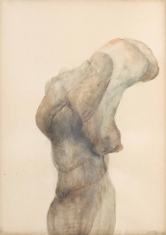 a drawing of a woman's back with her hands behind her head, in front of a white background