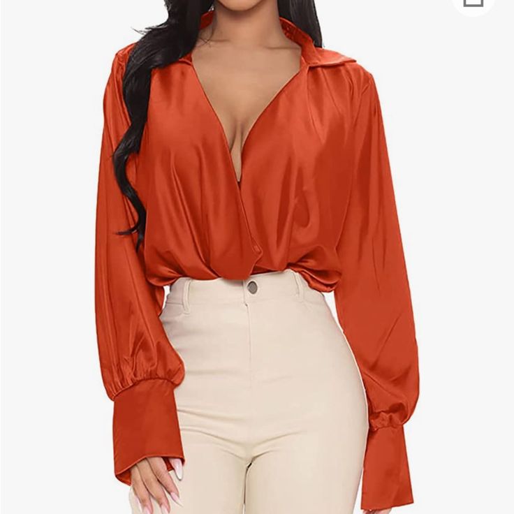 Orange Flowy Polyester Shirt With Collar Worn Once! Make An Offer! Same Day Shipping!! Held In Place All Night With Double Sided Tape! V Neck Tops, Fashion Casual, Blouses, Satin, V Neck, Silk, Orange, Black