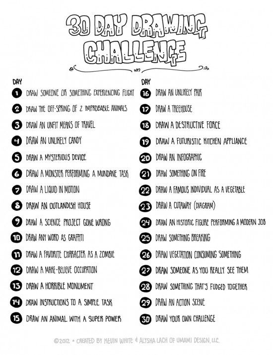 the 30 day drawing challenge is shown in this black and white poster, which includes instructions for