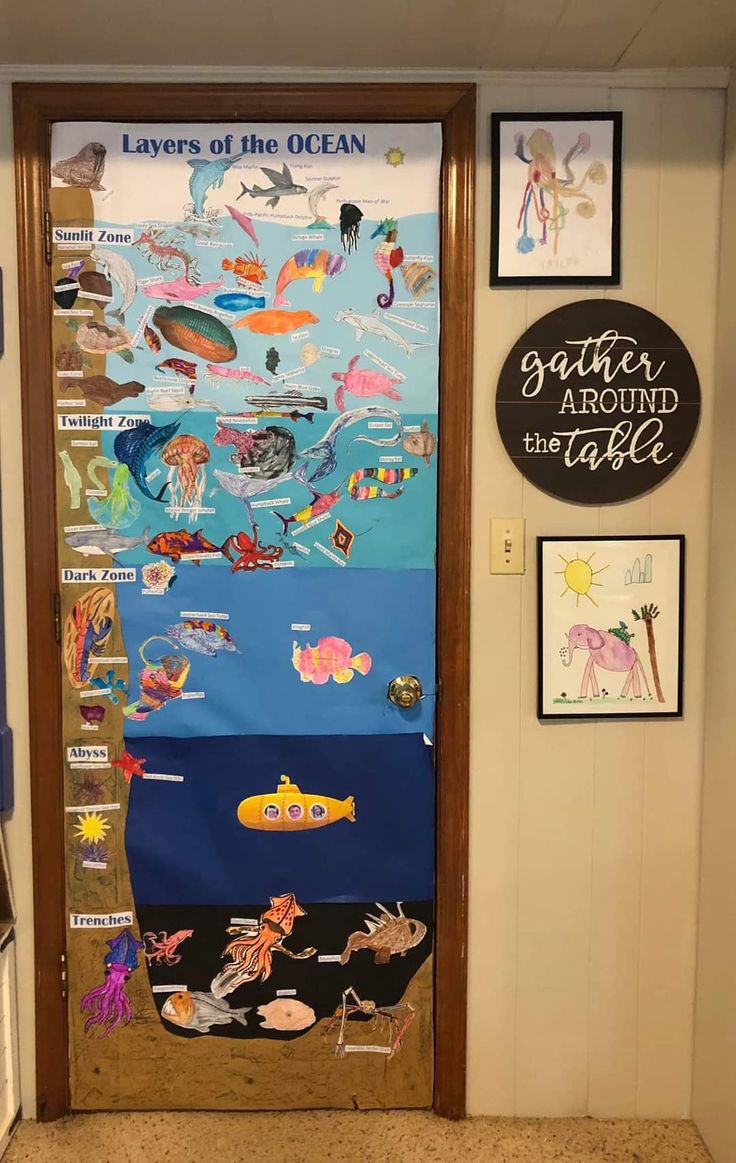 a door decorated with an ocean theme and pictures on the wall behind it is a sign that says leave of the ocean