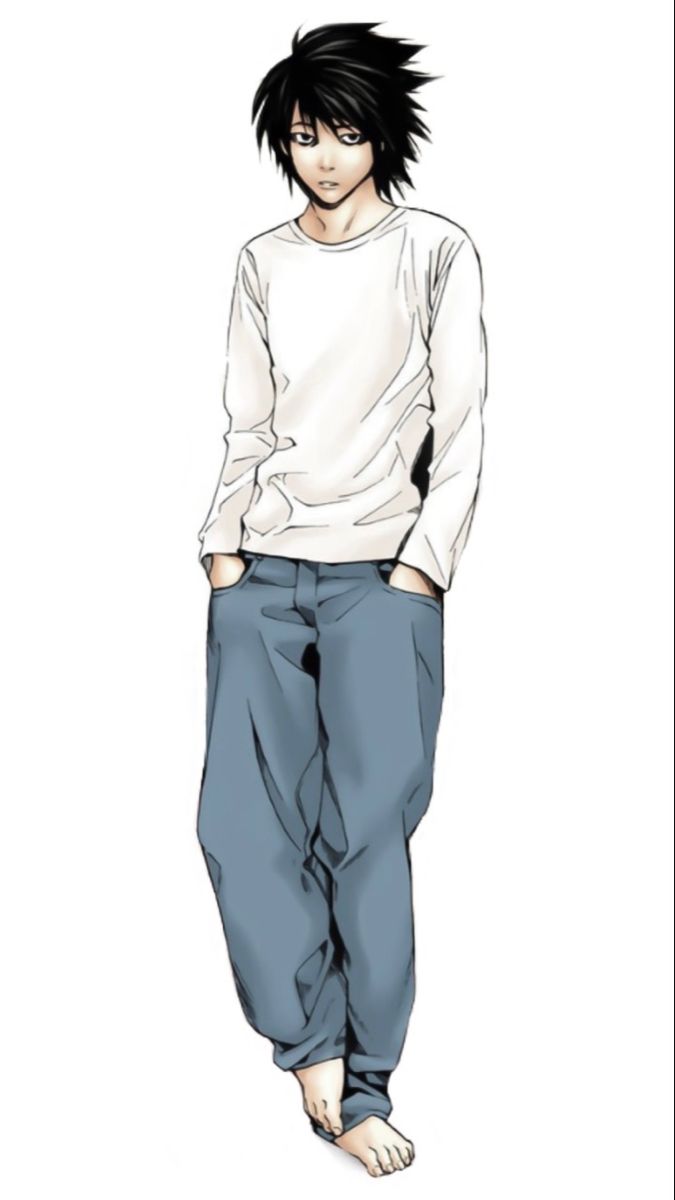 an anime character with black hair and blue pants