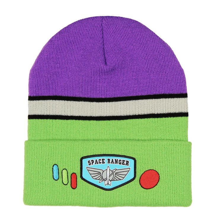 a purple and green beanie with space ranger on it