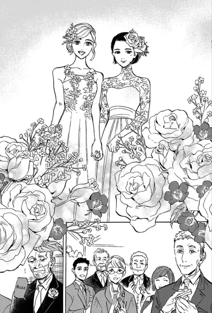 a black and white drawing of two people standing next to each other in front of flowers