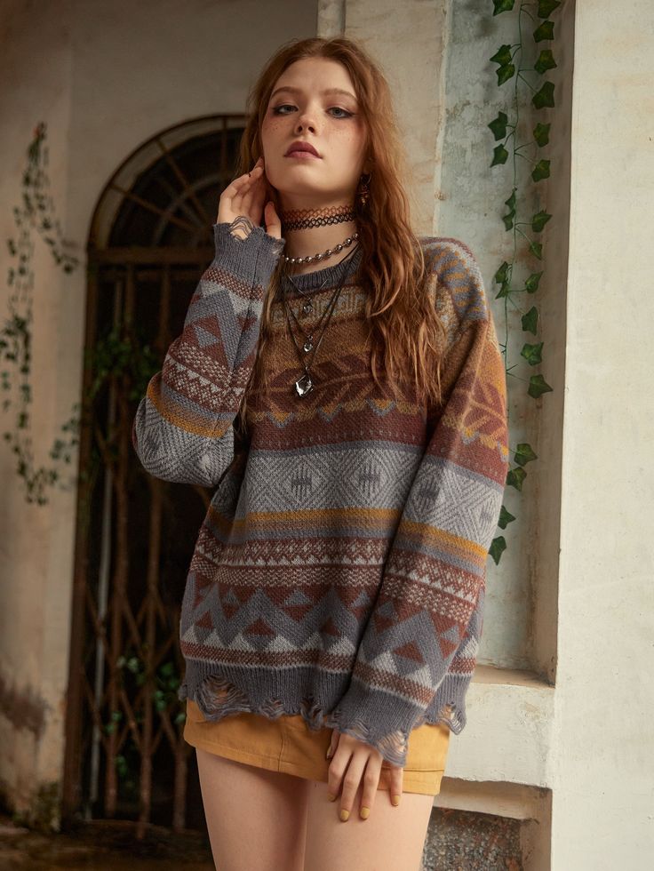 Hippie Multicolor Fall Sweater, Sweaters Goblincore, Fairygrunge Sweater, Multicolor Long Sleeve Hippie Sweater, Hippie Clothes Sweaters & Cardigans, Granola Fits, Drop Shoulder Sweaters, Neck Sweater, Styl Vintage