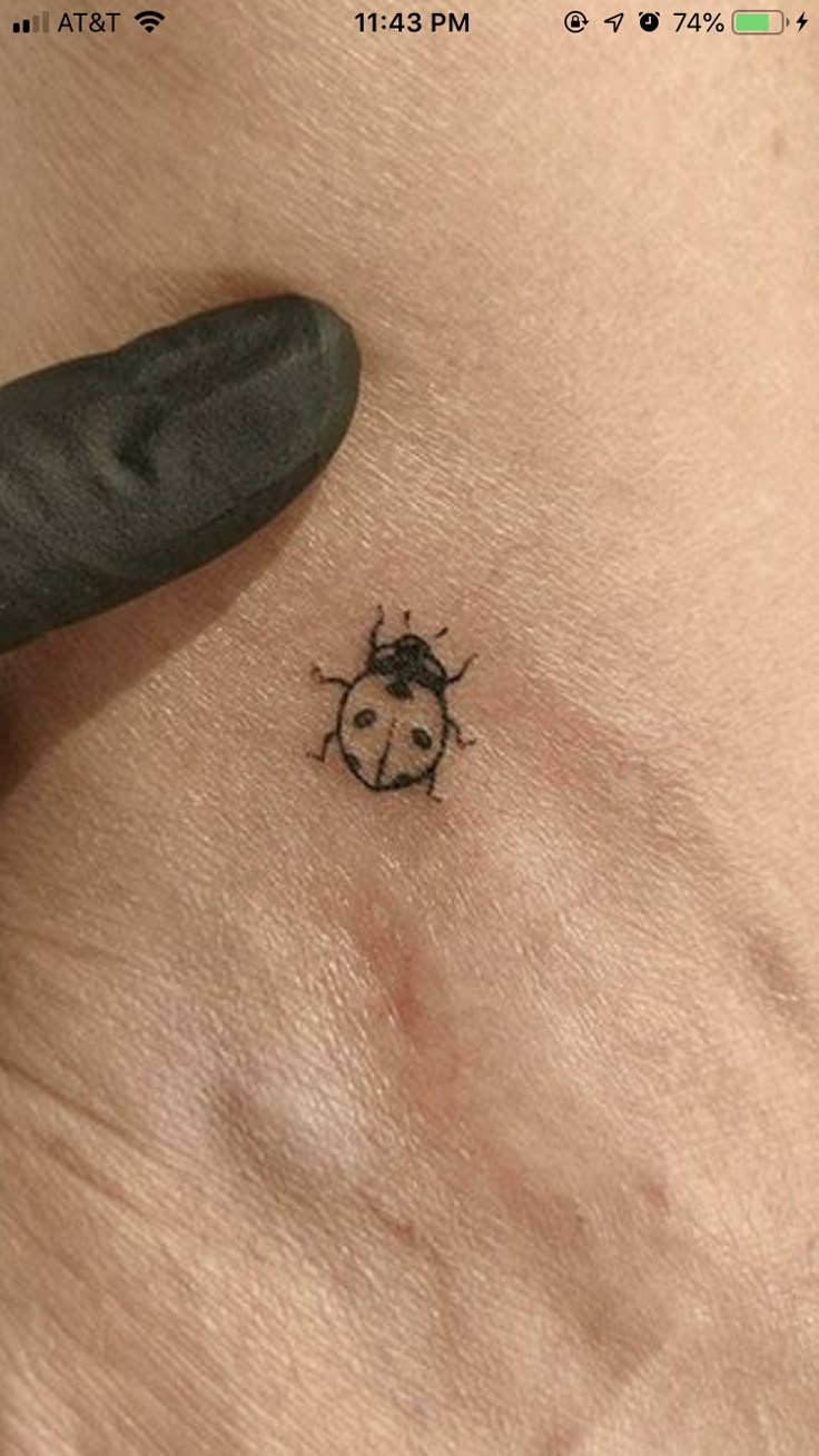 a ladybug tattoo on the side of a woman's stomach is shown