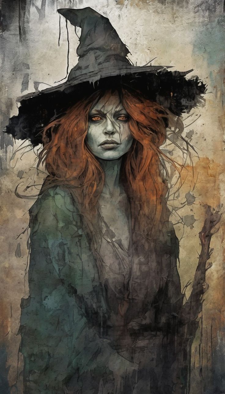 a painting of a woman wearing a witches hat