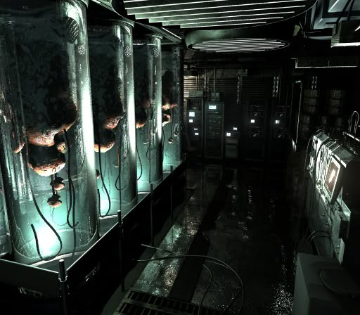 a room filled with lots of glass bottles covered in water and light shining on the floor