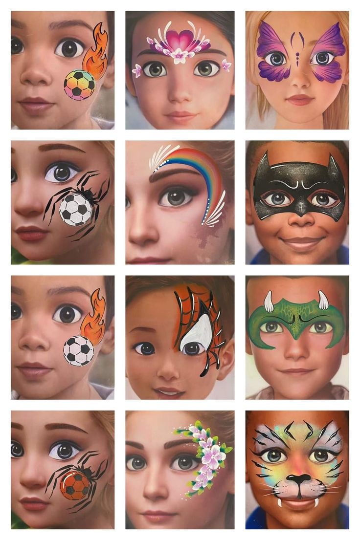 Face Paint Design Sheet, Face Painting Eye Designs, Professional Face Painting, Face Painting Set Up, Simple Face Painting Ideas For Kids, Easy Face Painting Ideas For Kids, Face Painting For Beginners, Facepainting Ideas Easy, Kids Face Painting Ideas