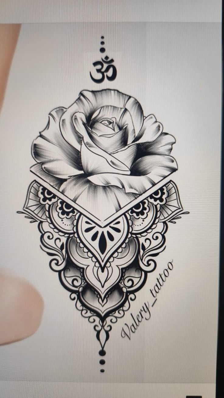 a black and white drawing of a rose with an omen symbol in the middle