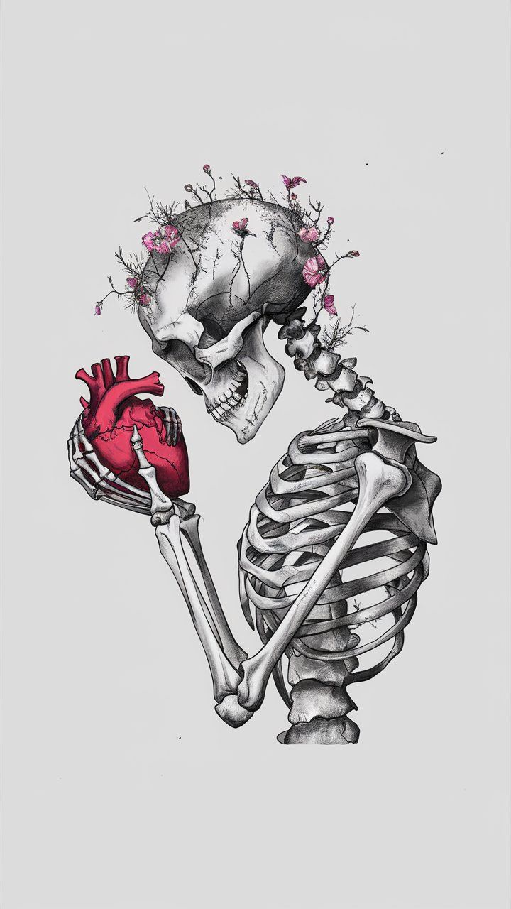 a drawing of a skeleton holding a heart in it's right hand and looking down