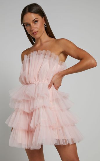 Allora Tiered Tulle Fit and Flare Mini Dress in Pale Pink | Showpo USA Summer Tulle Mini Dress With Sweetheart Neckline, Pink Strapless Dress For Spring Party, Summer Mini Dress With Sweetheart Neckline And Tulle, Feminine Strapless Mini Dress For Bridesmaid, Feminine Tulle Mini Dress For Summer, Feminine Tulle Mini Dress For Evening, Strapless Sleeveless Tulle Party Dress, Feminine Summer Tulle Mini Dress, Feminine Tulle Mini Dress