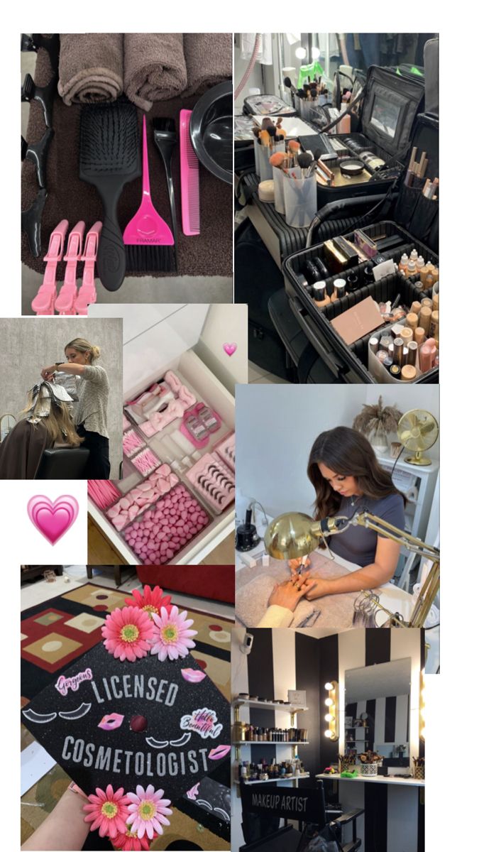 a collage of photos with pink and black items