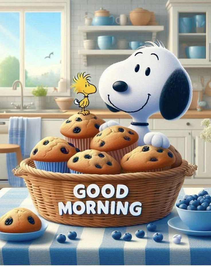 a snoopy dog is sitting in a basket full of blueberries and muffins