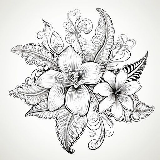 a bouquet of flowers with leaves and swirls in black and white on a light background