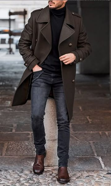 Mens Winter Smart Casual, Men's Classy Outfits, Men’s Coat Style, New York Man Style, Mens Dressy Casual Outfit Winter, Male Coat Outfit, Black Trench Coat Outfit Men Casual, Sophisticated Mens Fashion, Men’s Autumn Fashion