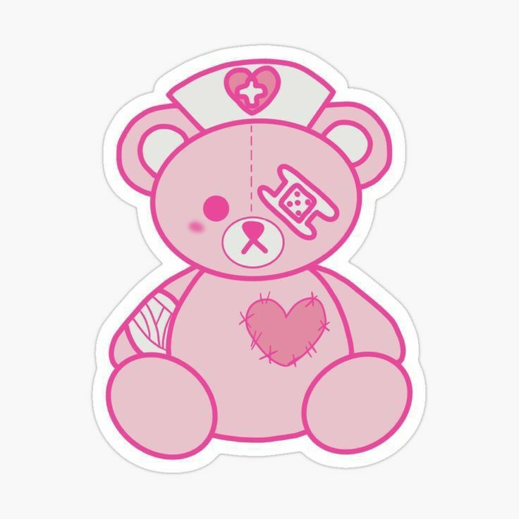 a pink teddy bear with a hat on it's head and hearts around its neck