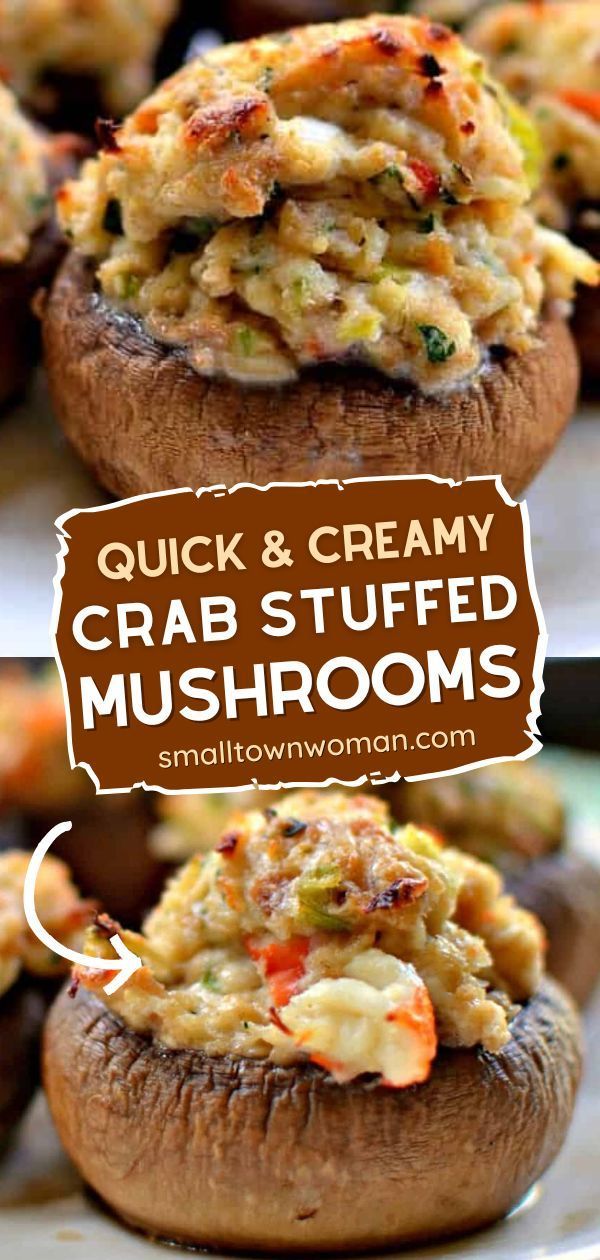 Amaze your guests with this football food! This quick and easy game day recipe is perfect for all your entertaining. Everyone will rave about these low-carb, creamy crab stuffed mushrooms with cream cheese! Save this crowd-pleasing appetizer recipe! Game Day Recipes Easy, Crab Stuffed Mushrooms Easy, Recipes For Guests Entertaining, Crab Side Dishes, Stuffed Mushrooms With Crabmeat, Crab Mushrooms, Stuffed Mushroom Recipes, Mushrooms Recipes, Creamy Seafood