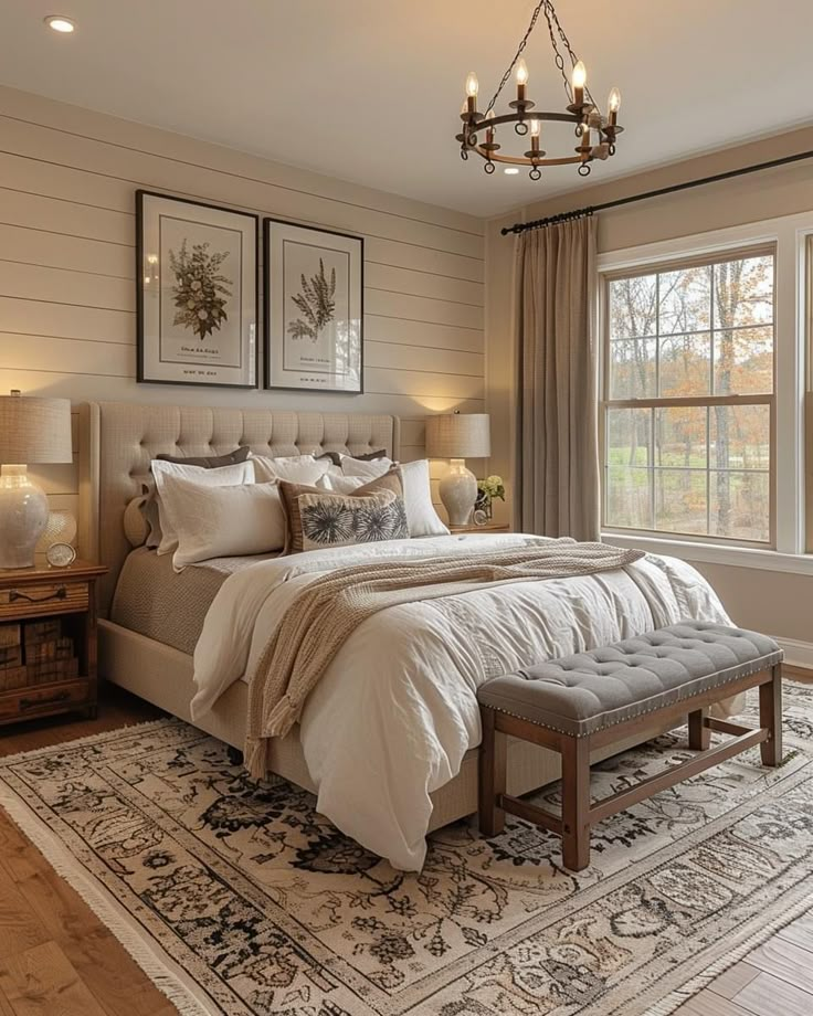 a bedroom with a large bed sitting next to a window