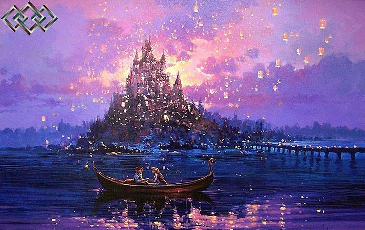 a painting of a man in a boat on the water with a castle in the background