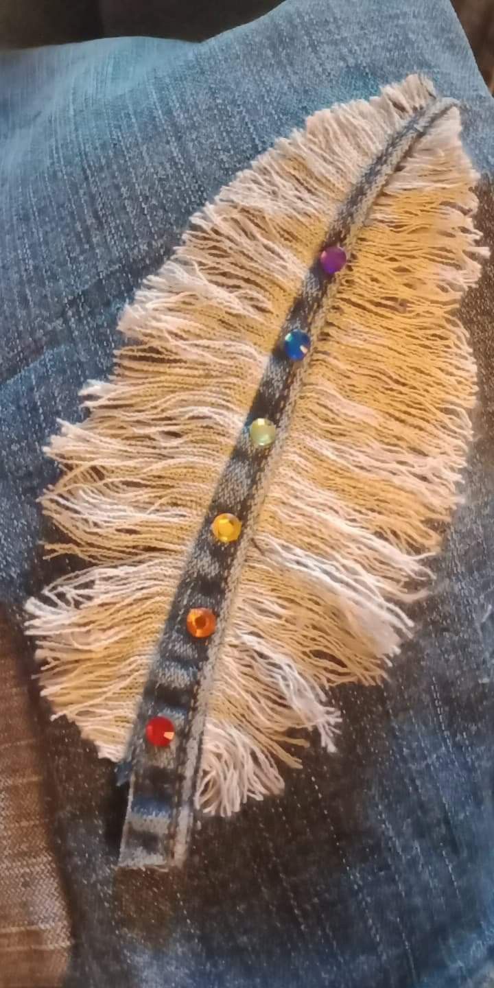 an embroidered feather on the back of someone's jeans