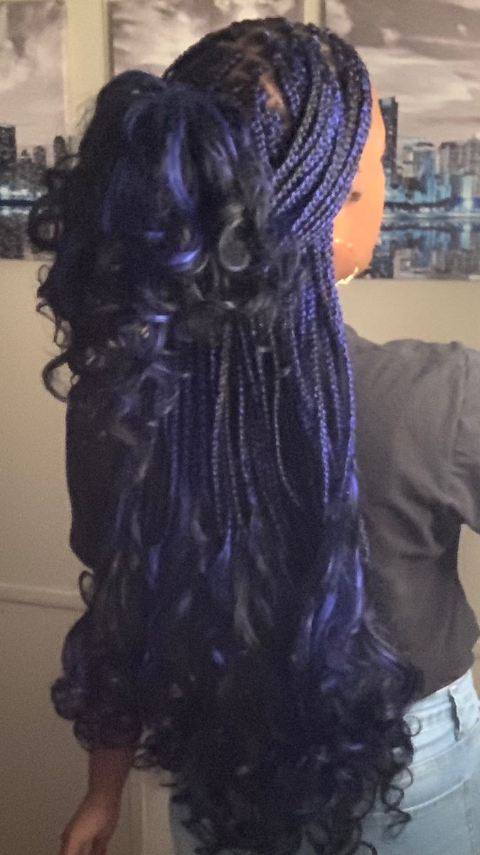 Braid Hairstyles With Curly Ends, Bold Braids Hairstyles, Black And Blue French Curl Braids, Braid Ideas Color, Fanasty Braids Glitter, Dark Red Peekaboo Braids, Purple Black Braids, Purple French Braids, Braids With Curls At The End With Color