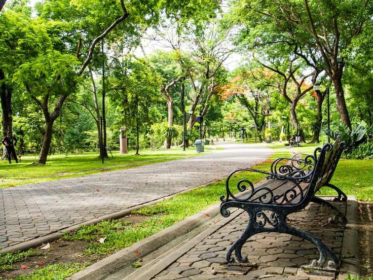 a park bench sitting on the side of a brick road in front of some trees