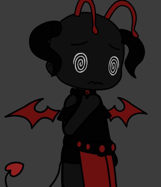 a black and red cartoon character with horns