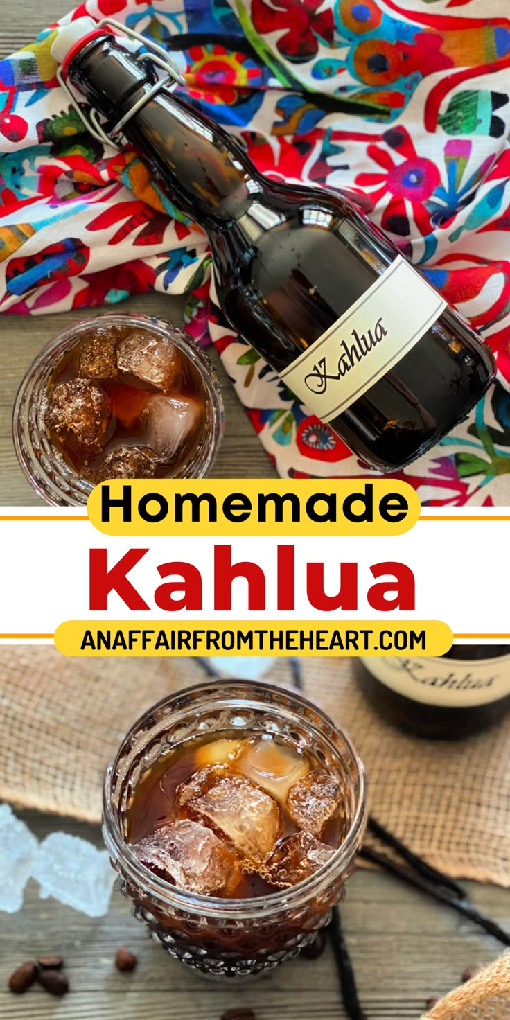 Bottle of Homemade Kahlua and a glass of Kahlua with ice in it. Coffee Brandy Recipes, Kahlua Recipes Homemade, Coffee Infused Vodka, Homemade Kaluha Recipes, Homemade Kaluah, Diy Kahlua Recipe, Homemade Kaluah Recipes Vodka, Homemade Kaluha Recipes Vodka, Coffee Mixed Drinks