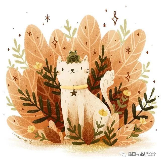 a white cat with a crown on its head sitting in front of leaves and stars