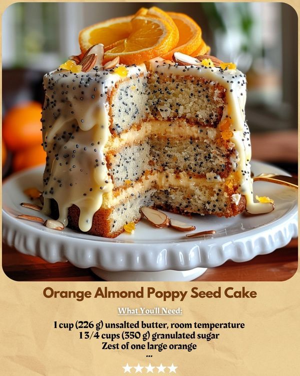 an advertisement for orange almond poppy seed cake on a white plate with sliced oranges