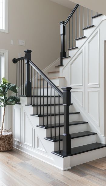 a white staircase with black handrails and wood flooring next to a potted plant