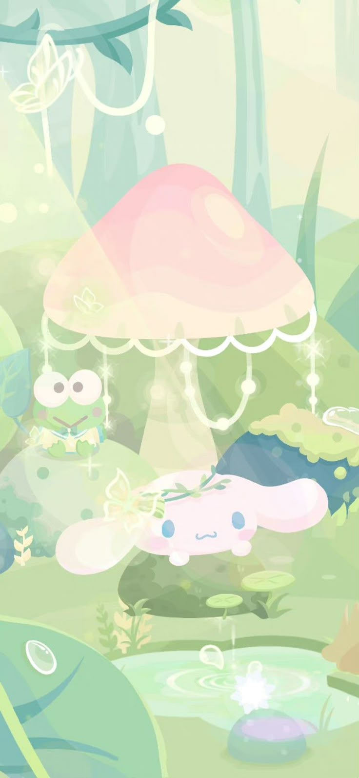 an image of a mushroom house in the middle of some plants and trees with animals around it