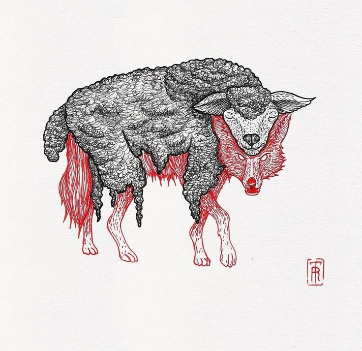 an ink drawing of a sheep with red eyes