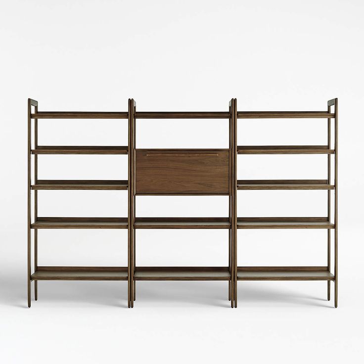 a wooden shelf with three shelves on each side