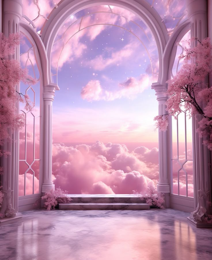 an open window overlooking the clouds and pink trees