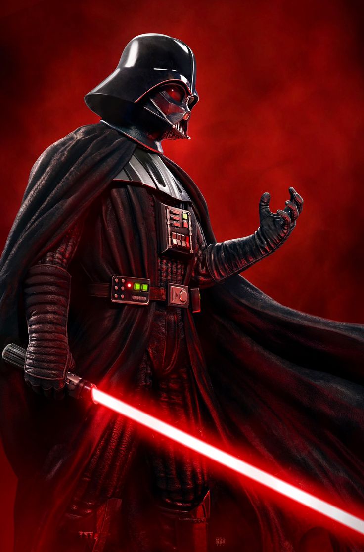 darth vader in the dark side with his lights on, holding a red light saber