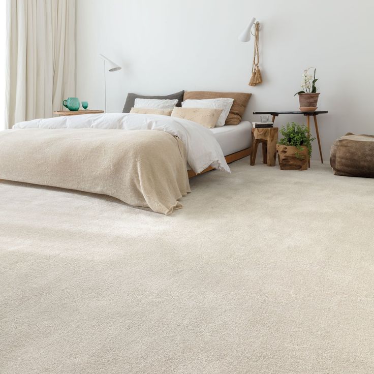 a bedroom with white walls and carpeting