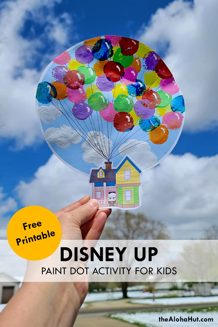 Great art activity for the kids or toddlers from our favorite Disney movie -- Pixar's UP movie! Download the free print and have fun creating this simple and cute DIY craft with your kids. Kids work on fine motor skills, dotting balloons and clouds. Would be a fun preschool lesson teaching colors and talking about circles.  #freeprintablesforkids #disney #upmovie #disneypixarupmovie #toddleractivities #preschoolactivities #creativekids #artactivity Disney Large Motor Activities, Disney Art And Craft, Disney Class Activities, Movie Art Projects, Disney Crafts For Kids Art Projects, Disney After School Club Ideas, Up Crafts Pixar, Disney Crafts For Preschoolers, Disney Projects For Kids