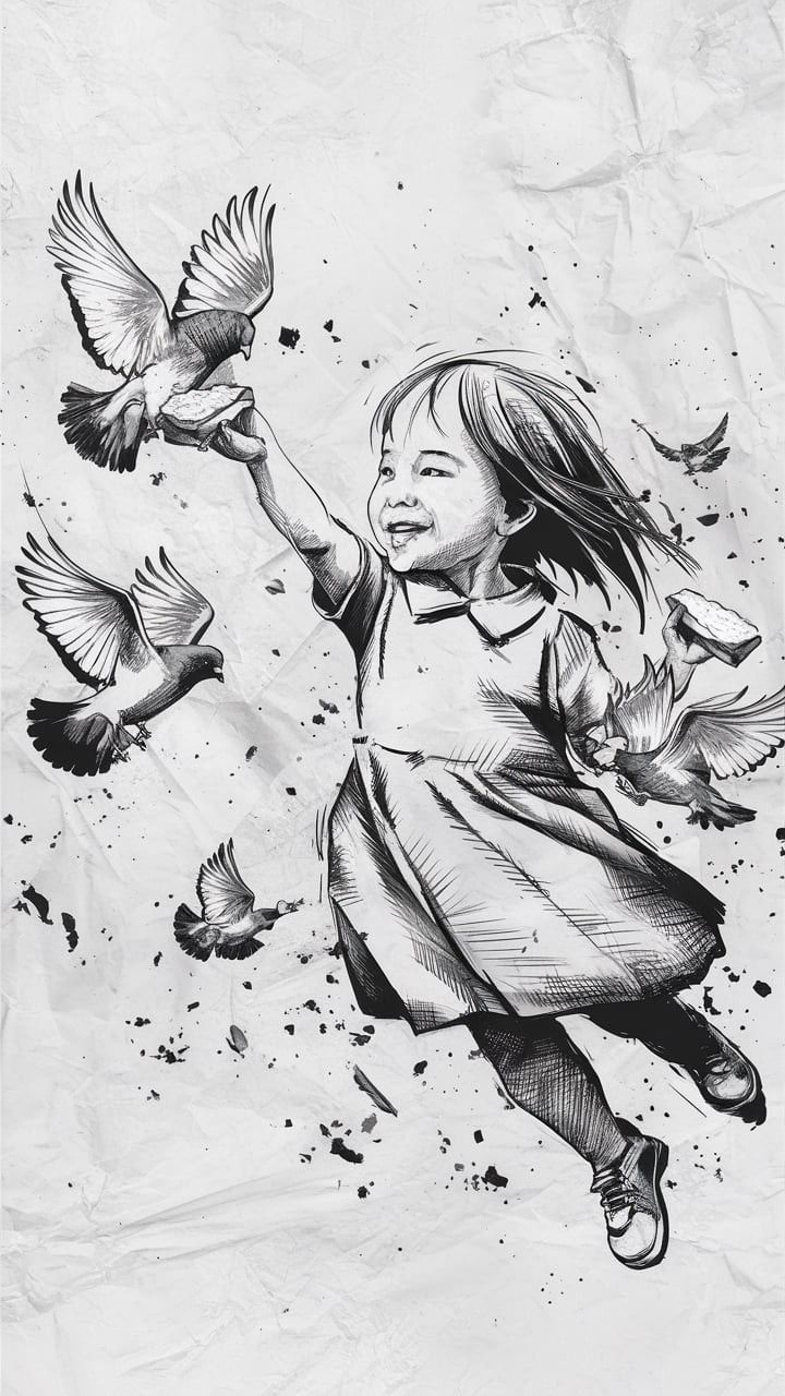 a drawing of a girl with birds flying around her