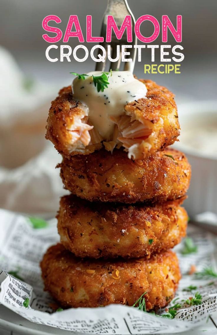 the cover of salmon croquettes recipe is stacked on top of each other